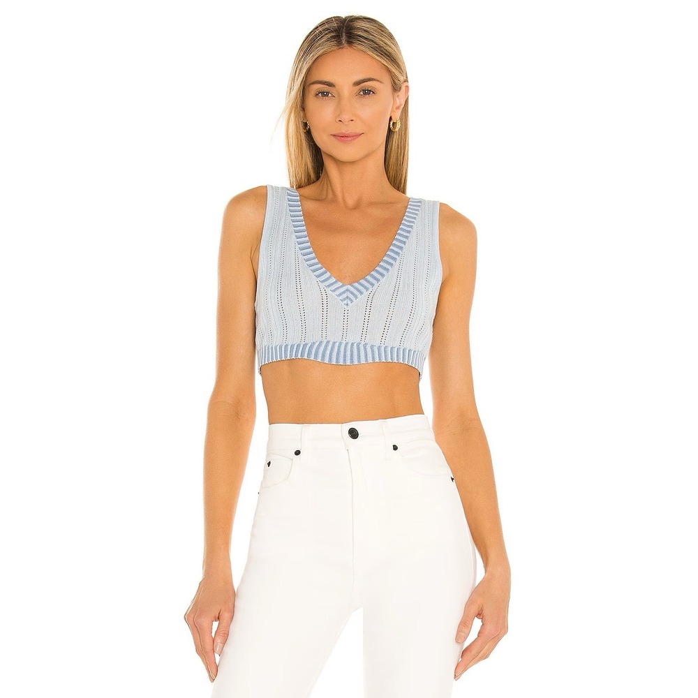 For Love & Lemons Rhea‎ Pointelle Knit Crop Top V-Neck Sleeveless Baby Blue 1X